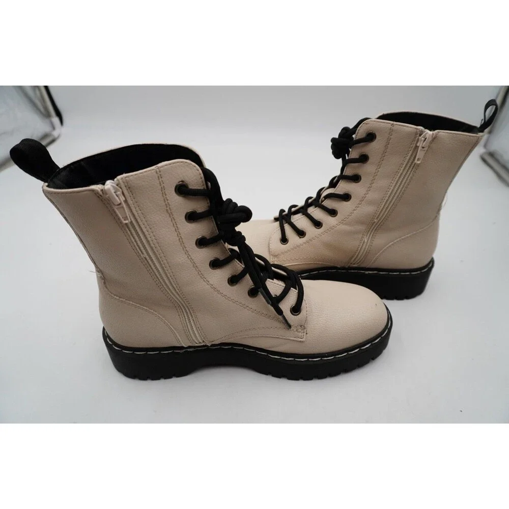 Sincerely Jules HARLEY Women Lace Combat Boots Ivory Faux Leather Lug Sole 8.5M